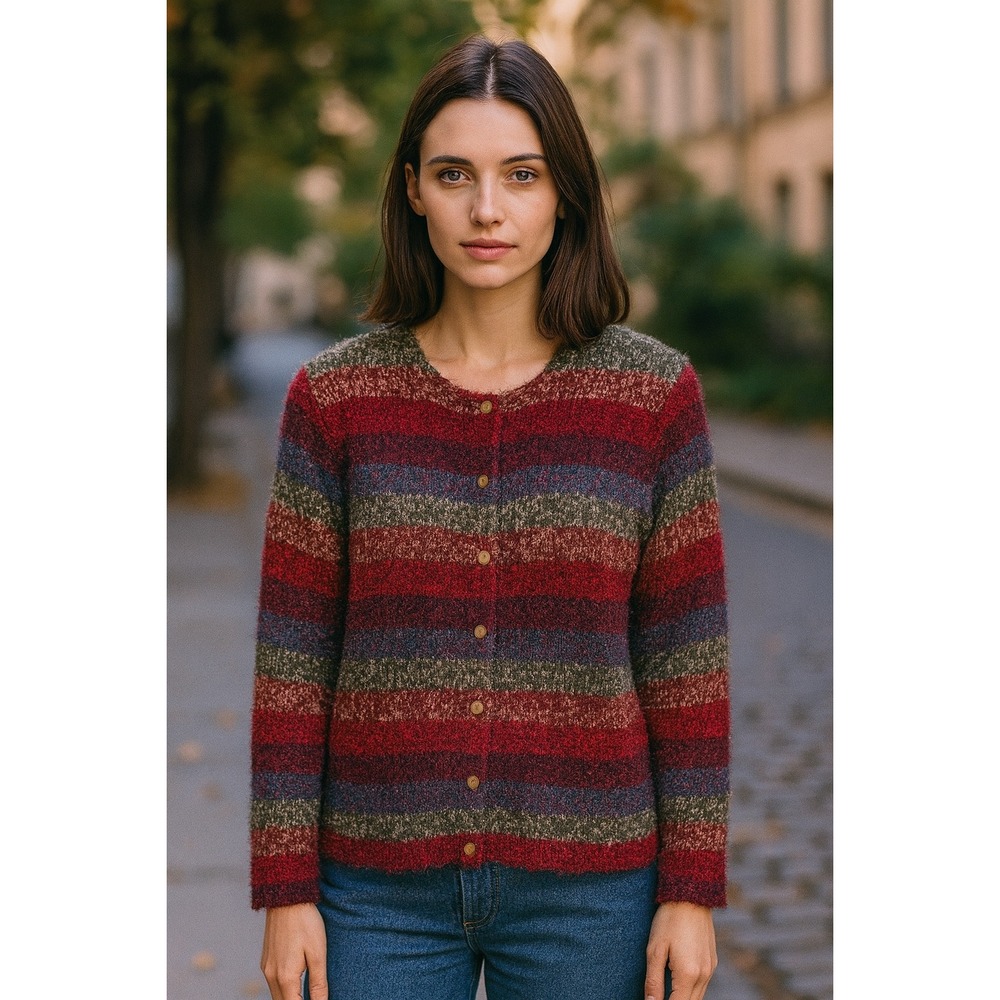 Christopher & Banks Striped Fuzzy Cardigan Sweater Womens‎ Medium Mohair Blend